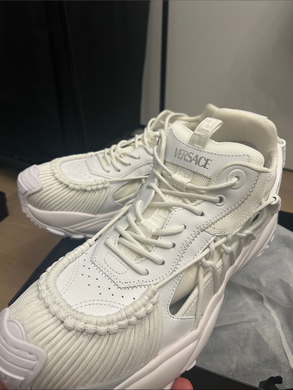 Versace Off-White Textured Leather & Braided Sneakers